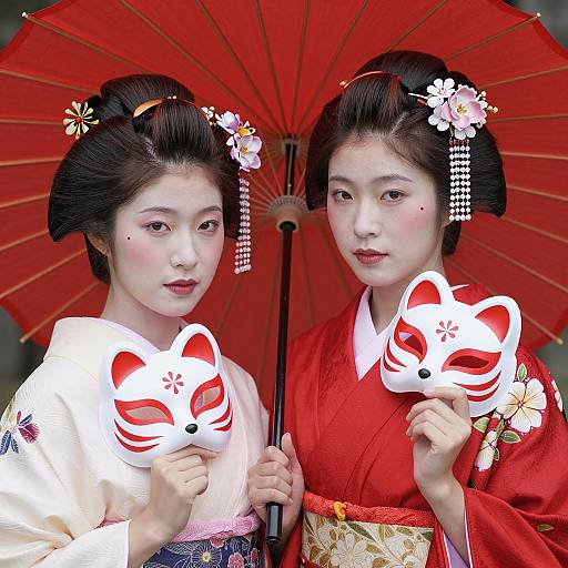 Two Japanese Women in Traditional Kimonos with Fox Masks