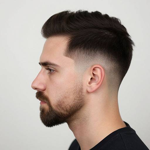 Photograph of a bearded man with a short, dark undercut, styled pompadour, side profile against a plain white background.