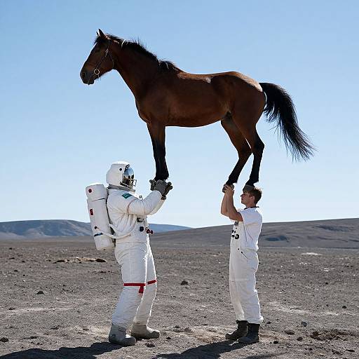 Photograph of two astronauts in white suits lifting a brown horse in a barren, rocky desert with clear blue sky.