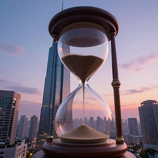 Photograph of an hourglass with sand flowing, set against a twilight cityscape of skyscrapers and a pink-orange sky.