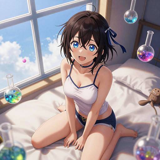Anime-style drawing of a cute, blue-eyed girl with short black hair, wearing a white tank top and black shorts, sitting on a bed with colorful