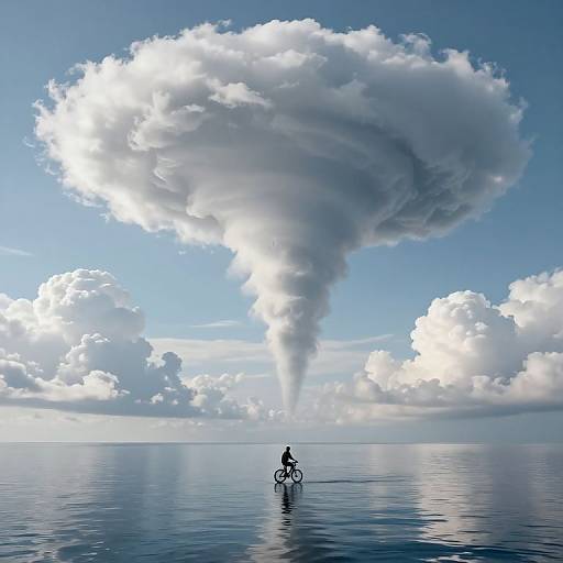 Silhouette of cyclist on bicycle, riding on calm blue ocean, with massive, towering cumulus cloud above, reflecting in water. Digital art.
