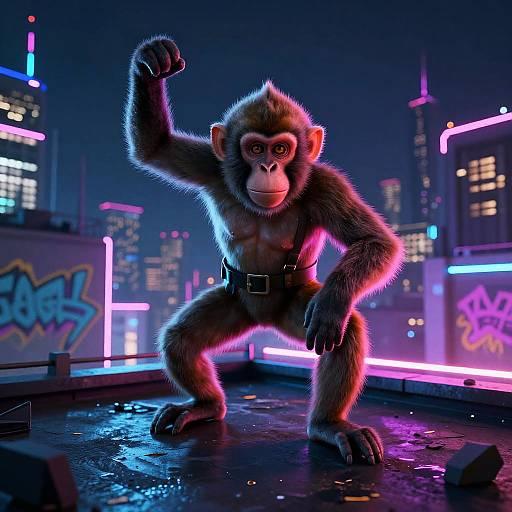 Cyberpunk Monkey Dancing on Rooftop