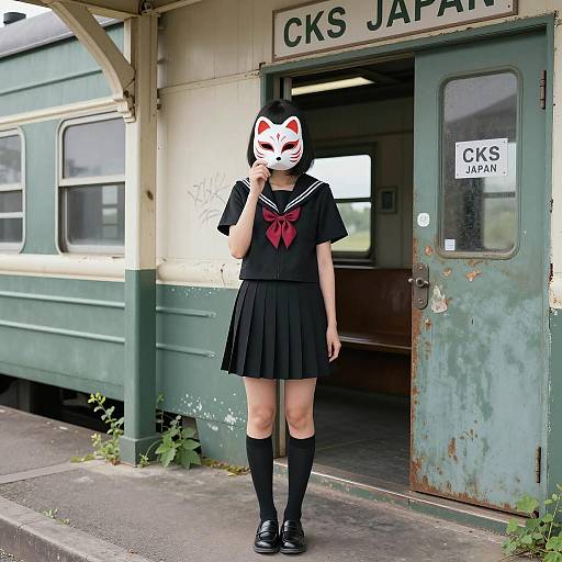 Mystical Schoolgirl at Vintage Train Station