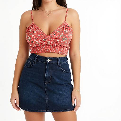 Photograph of a woman with tan skin, wearing a red floral crop top with thin straps, and a high-waisted dark denim mini skirt,