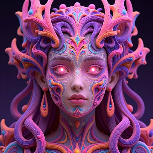 Digital art of a fantastical, colorful female figure with glowing pink eyes, intricate purple, pink, and orange tentacle-like hair, and face markings