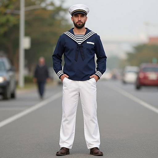 Photograph of a bearded man in a navy sailor uniform with white pants and hat, standing confidently on a suburban street. Blurred background includes trees