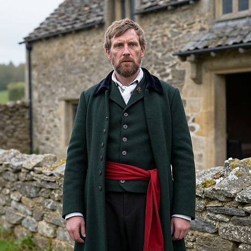 Photograph of a bearded man in black Victorian-style coat with red sash, standing in front of a stone cottage.