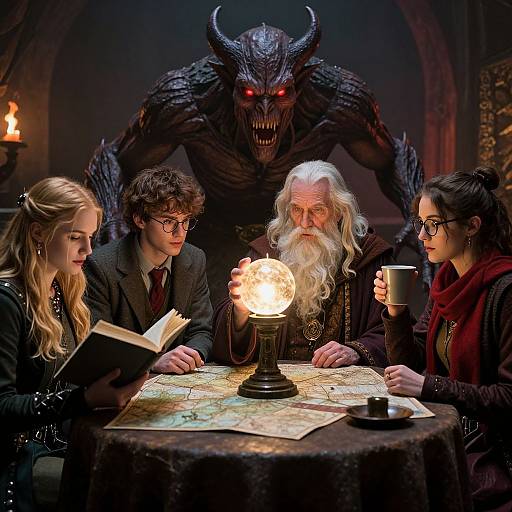 Digital fantasy artwork: Four scholars with glasses and medieval attire, seated around a map, illuminated by a glowing lamp, as a menacing, horned demon