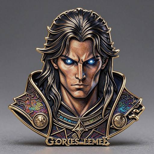 Digital artwork of a stern, blue-eyed, long-haired warrior with intricate, ornate armor, featuring detailed patterns and glowing accents. Text 