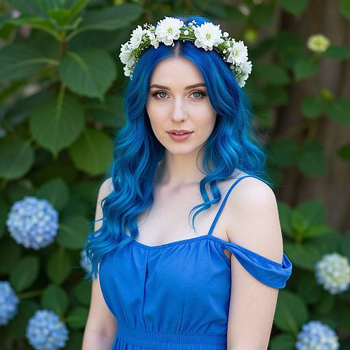 Photograph of a fair-skinned woman with vibrant blue hair, wearing a blue off-shoulder dress and a white flower crown, against a lush