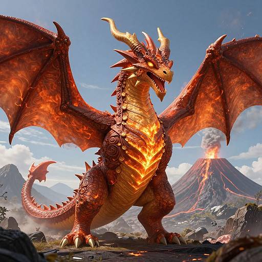 Digitally rendered, fiery red dragon with glowing orange scales, large wings, and horns, standing in a volcanic landscape with an erupting mountain in the