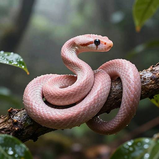 Photograph of a pink snake with black eyes coiled on a moss-covered branch in a lush, green forest.