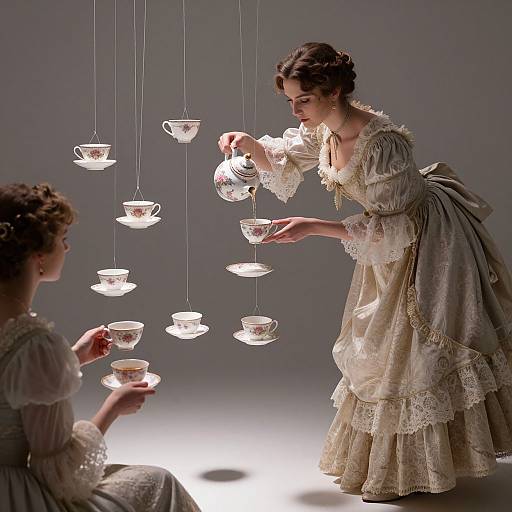 Photograph of two women in Victorian-style dresses, hanging delicate tea cups with strings, illuminated against a gray background.