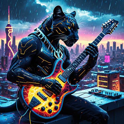 Cybernetic Panther Playing Molten Electric Guitar on Futuristic Rooftop