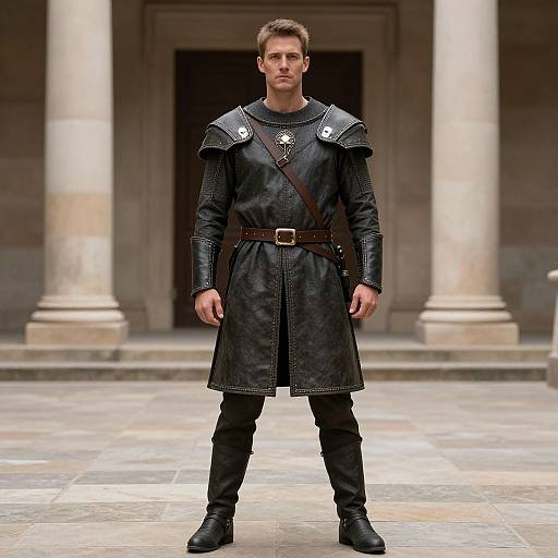 Photograph of a serious, blonde man in medieval-style black leather armor with shoulder plates, brown belt, and black boots, standing in front of stone