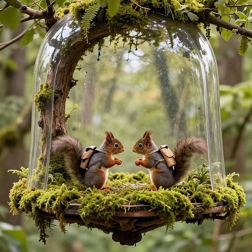 Photograph of two gray squirrels with bushy tails, inside a clear, moss-covered dome, holding food, in a lush forest.