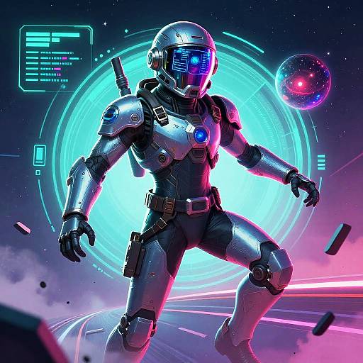 Digital art of a futuristic astronaut in a neon-lit space, wearing a silver suit with blue and red accents, glowing visor, and holographic