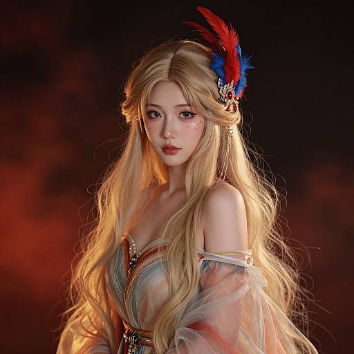 Digital artwork of a beautiful, fair-skinned, blonde woman with long hair, red and blue feathers in her hair, wearing an off-shoulder