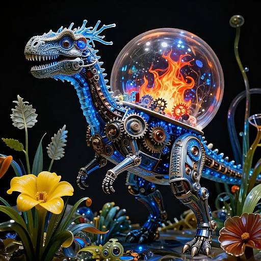 Photograph of a steampunk robotic dinosaur with blue metallic body, gears, and a glass dome containing a vivid orange flame, surrounded by vibrant flowers