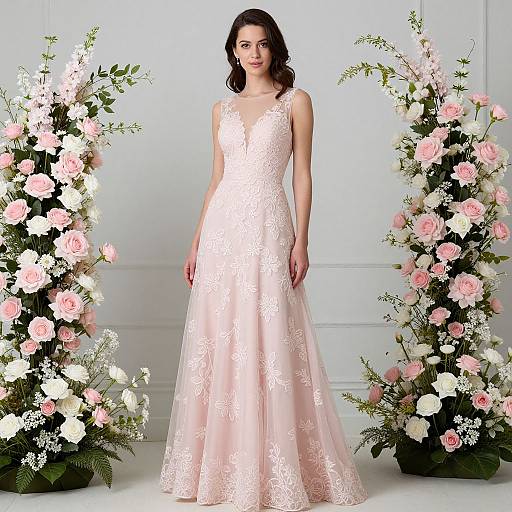 Elegant Woman in Pink Lace Gown