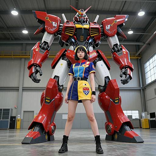 CGI image of a young Asian woman in a blue and yellow anime-style uniform standing in front of a large red and white mecha robot in a