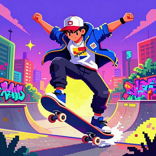 Pixel art of a skateboarder in a white cap, blue jacket, and red shirt, performing a trick in a vibrant, graffiti-filled urban skatepark