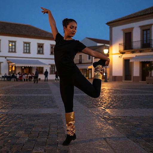 Salsa Instructor with Gold Leg Warmers