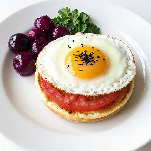 Photograph of a sunny-side-up egg with black pepper on top, layered tomato slices, golden toast, and dark purple grapes with parsley on a white