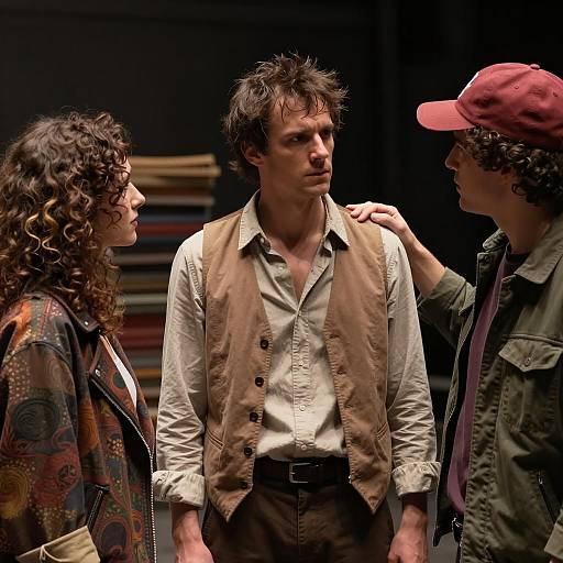 Dimly Lit Room with Three Characters