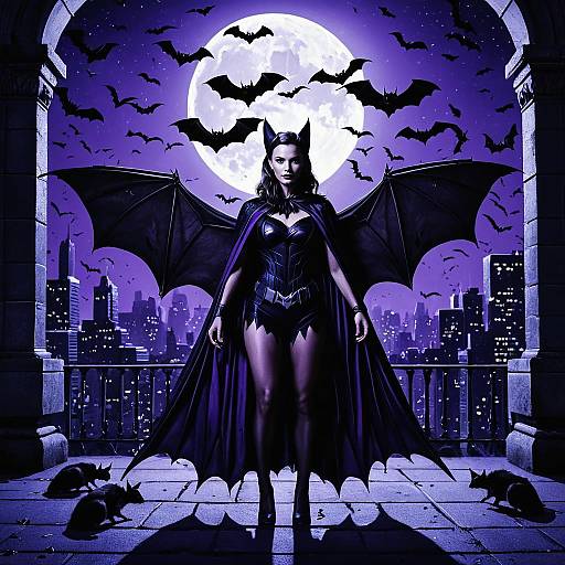 Bat Woman with Night Cityscape and Full Moon