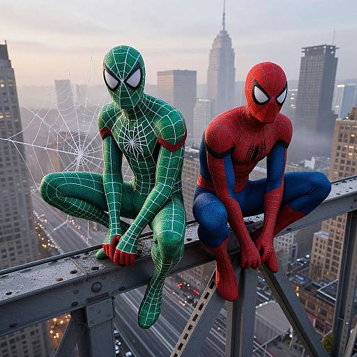 Photograph-style CGI of Spider-Man (green) and Spider-Man (red) perched on a skyscraper, web-slinging, overlooking a