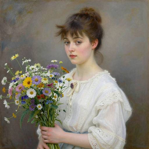 Photorealistic painting of a young woman with fair skin and brown hair in an updo, wearing a white, lace-trimmed blouse, holding