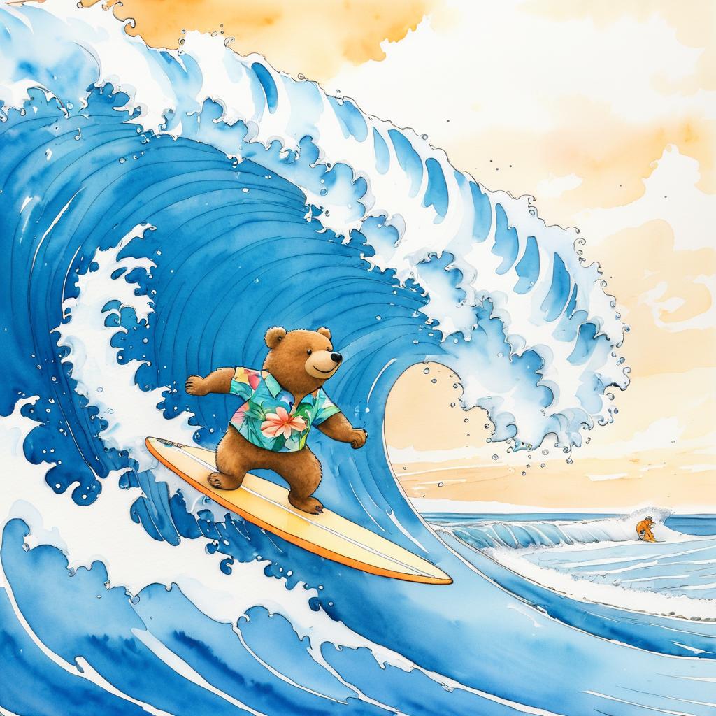 Whimsical Surfing Bear in Hawaiian Shirt