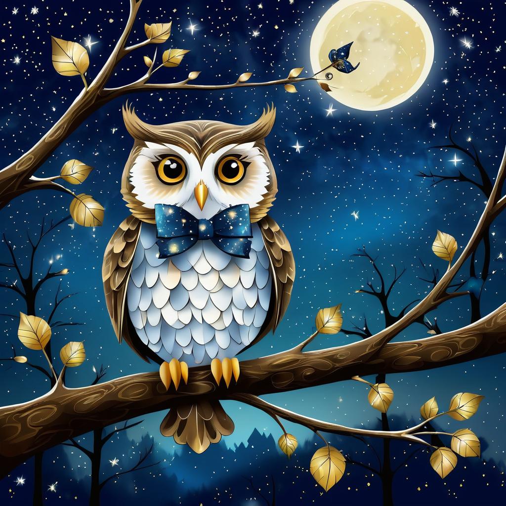 Whimsical Owl in Bow Tie Under Stars