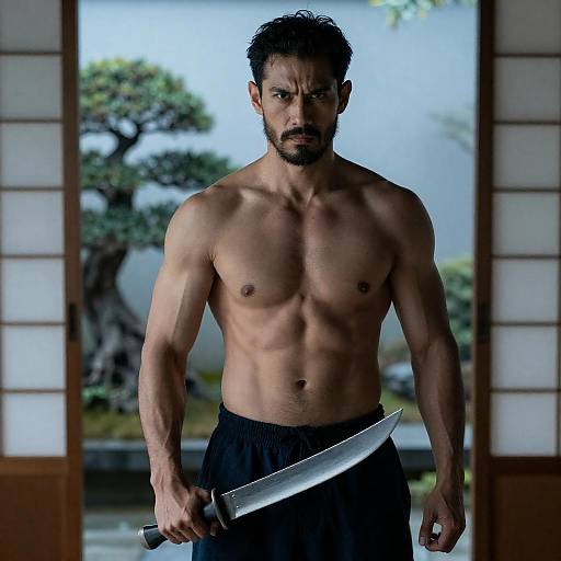 Muscular Man with Knife in Blue Light