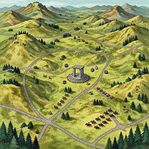 Colorful digital illustration of a mountainous landscape with a central stone tower surrounded by winding roads, scattered trees, and a caravan of red wagons.