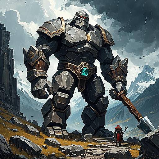 Colossal Stone Golem with Hammer in Mountain Ruins