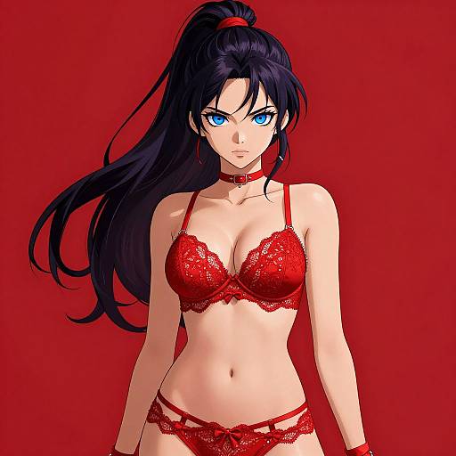 Confident Woman in Red Lace Lingerie