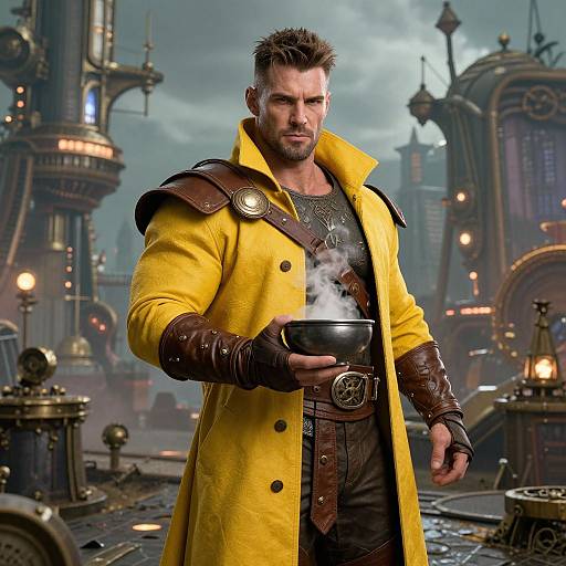 Muscular Man in Steampunk Cityscape