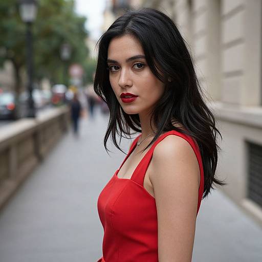 Photograph of a young woman with long black hair, red dress, and red lipstick, standing on a blurred city street.
