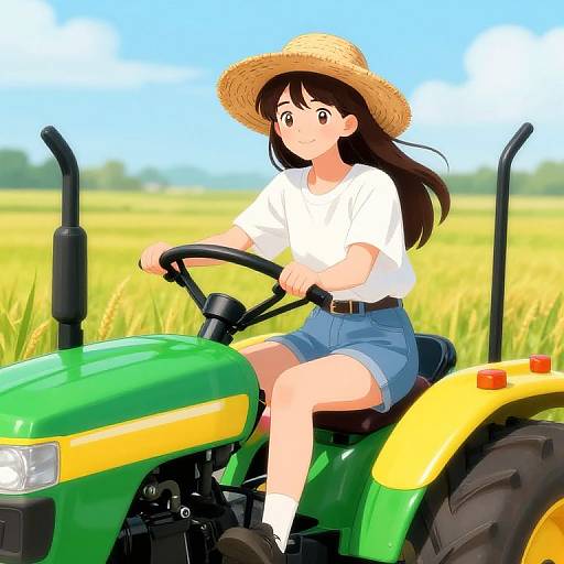 Anime-style digital drawing of a young woman with long brown hair, wearing a straw hat, white shirt, and blue shorts, riding a green and yellow