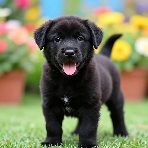 Photograph of a cute, black fluffy puppy with its tongue out, standing on green grass in front of colorful, blurred flowers.