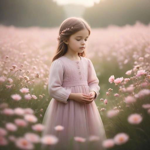 Little Girl in Flower Field at Sunset
