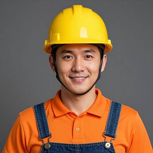 Photograph of a smiling Asian man in a bright yellow hard hat, orange polo shirt, and blue denim overalls against a gray background.