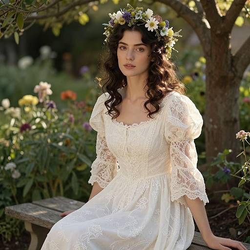 Photograph of a fair-skinned woman with curly brown hair, wearing a white lace dress and flower crown, sitting on a wooden bench in a sun