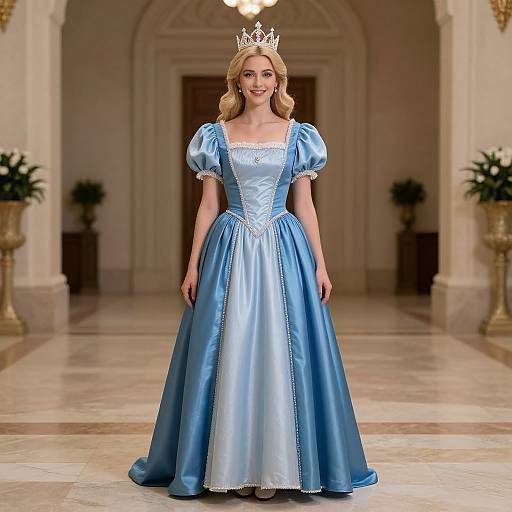 Photograph of a blonde woman with fair skin, wearing a blue satin princess gown, white crown, standing in an elegant, marble-floored hall