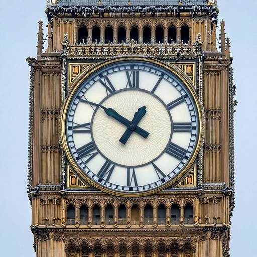 Photograph of the iconic Big Ben clock tower, showcasing its large white clock face with black Roman numerals and hands, intricate golden and brown ornate