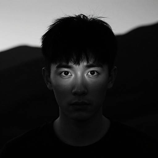 High-contrast black-and-white photograph of an East Asian man with short, messy hair, intense eyes, and shadowed face, set against a dark