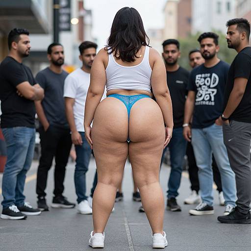 Photograph of curvy woman in white tank top and blue thong, facing away, surrounded by seven bearded men in casual clothing on urban street